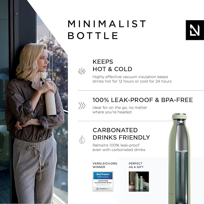 LARS NYSØM Stainless Steel Insulated Water Bottle 12oz 17oz 25oz 34oz 51oz | BPA-free Insulated Thermo Flask for Hot and Cold Beverages | Leakproof Drinking Bottle (Sage, 25oz)