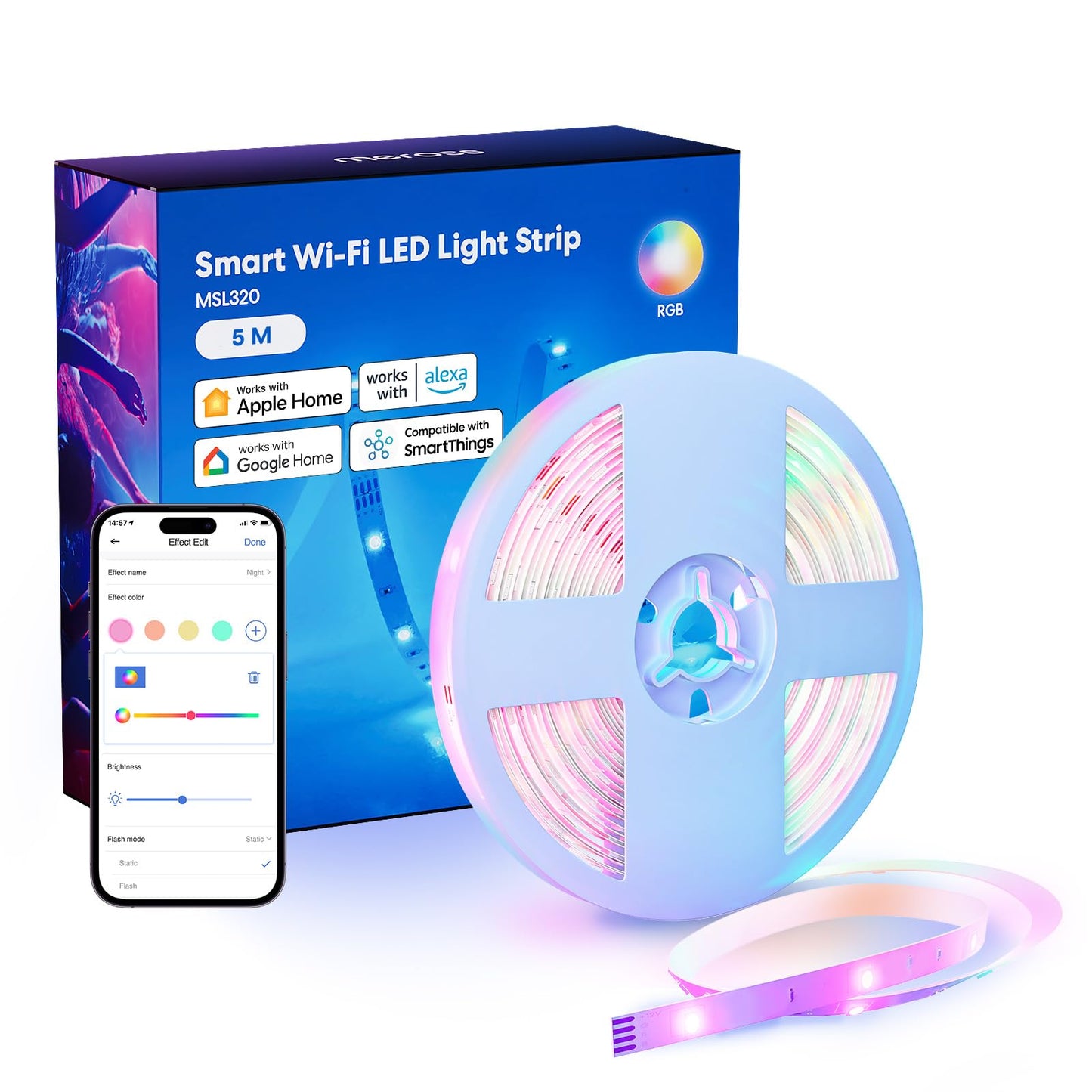 Meross Smart Led Strip Lights, 16.4Ft Rgb, Works With Apple Homekit, Siri, Alexa & Google, App Control, Model Msl320