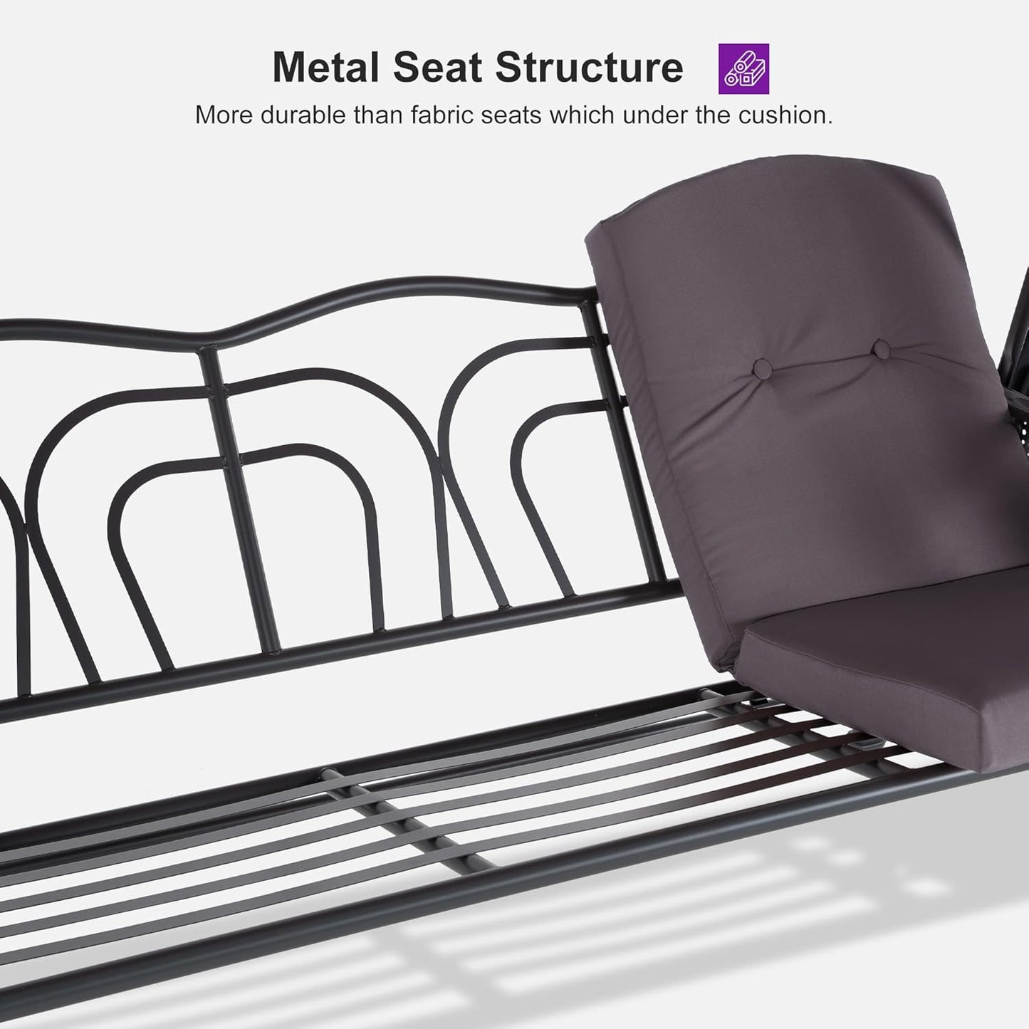 PURPLE LEAF Outdoor Patio Porch Swing with Adjustable PVC Canopy, 3-seat Swing Chair Bench with Side Cup Holder for Backyard Front Porch Lawn, Cushions and Pillow Included, Grey