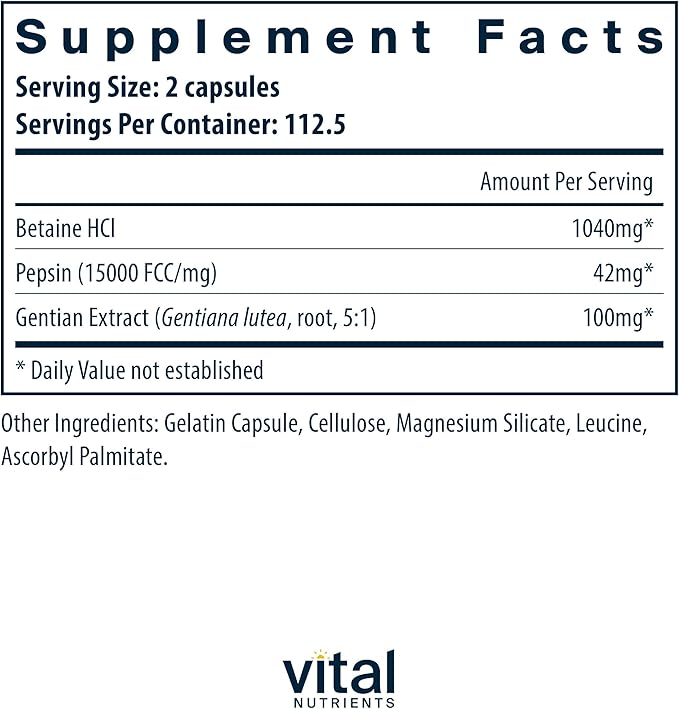 Vital Nutrients Betaine HCL Pepsin with Gentian Root Extract | Digestive Enzyme Formula to Support Protein Digestion and Nutrient Absorption* | Gluten, Dairy, Soy Free | 225 Capsules