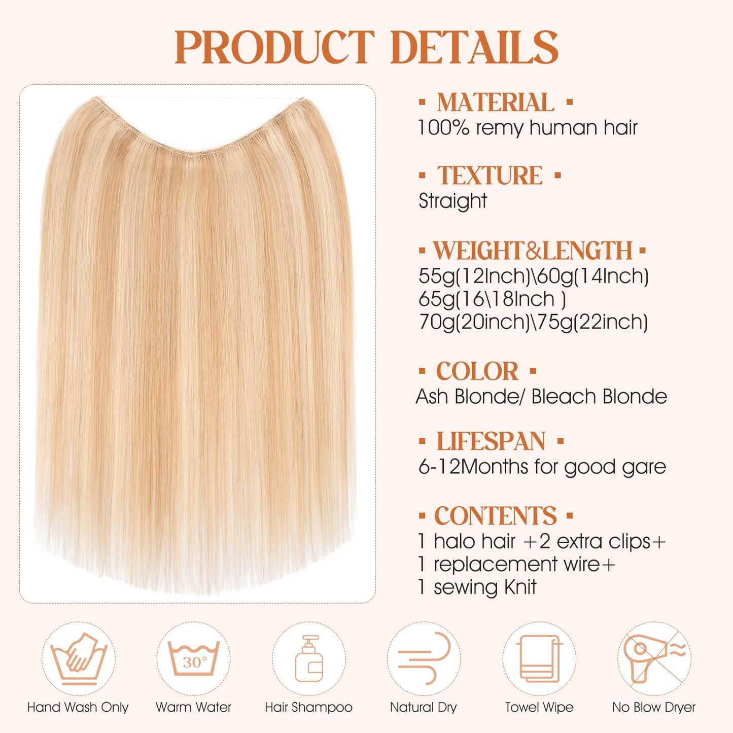 S-noilite Halo Hair Extensions Real Human Hair 12inch Short Straight Halo Hair Extensions for Women Adjustable Ash Blonde/Bleach