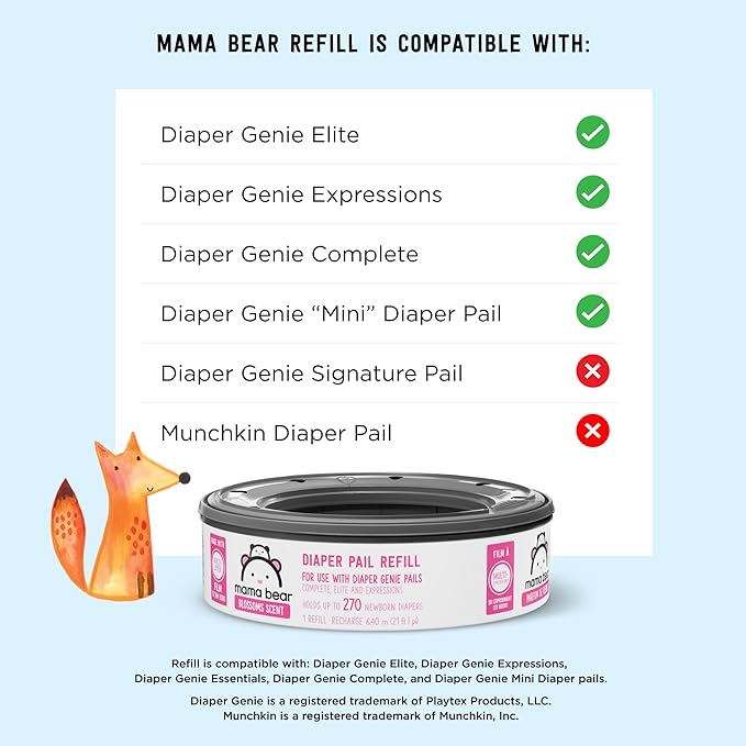Amazon Brand - Mama Bear Blossoms Scented Diaper Pail Refills for Diaper Genie Pails, 2160 Count (8 Packs of 270 Count)