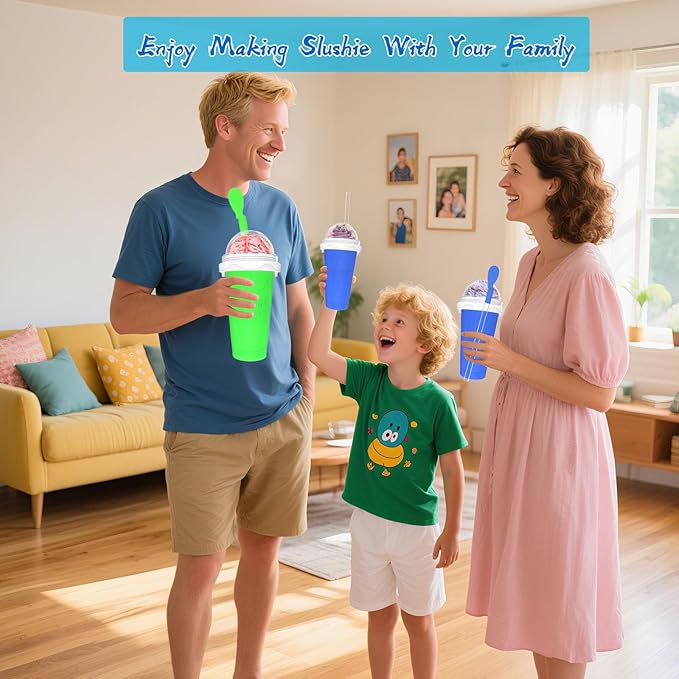 2PCS Slushie Maker Cup, Quick Frozen Magic Cups for Homemade Milk Shake Ice Cream Maker, Double Layer Squeeze Slushy Maker Cup, Birthday Gifts for Kids,Friends,Family (Blue+Green, 350ML)