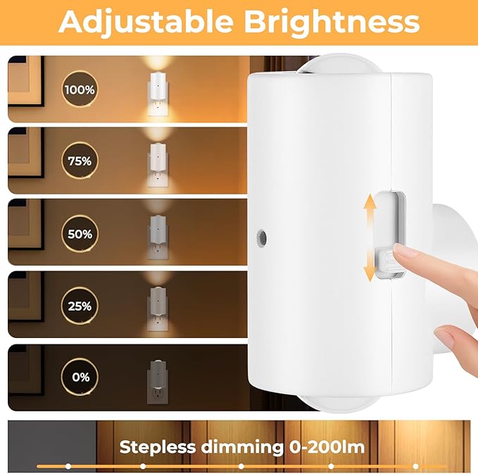4 Pack LED Night Light, Dimmable Plug-in Wall Nite Light with Dusk to Dawn Auto On/Off, 180° Rotating Head, 2700K Warm White, 0-200 LM for Nursery, Hallway, Bathroom