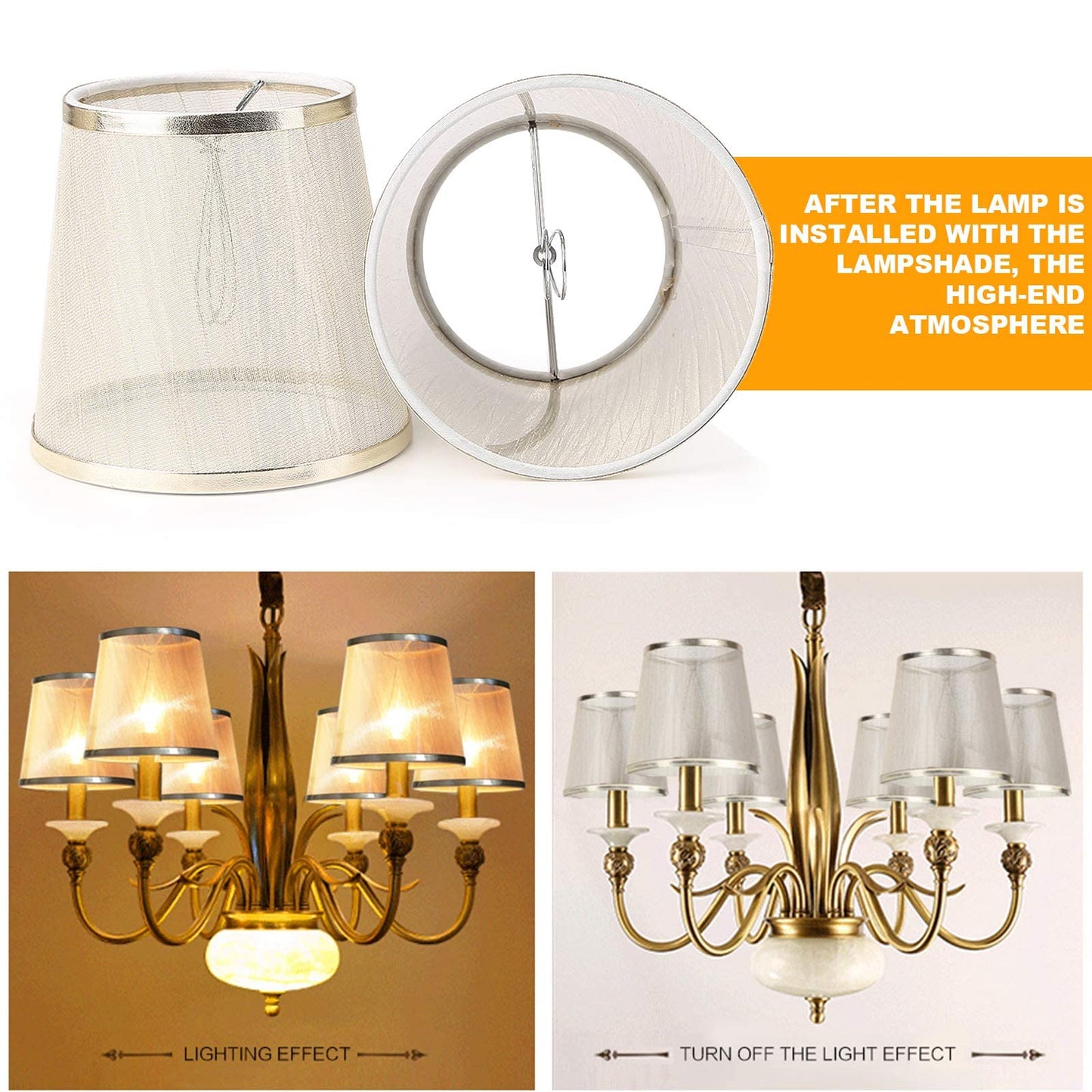 Yisun Crystal Chandelier Mini Lamp Shade Set Of 6, 5.5-Inch Bell Clip On, Gold Champagne Organza, Model Df-Lczd