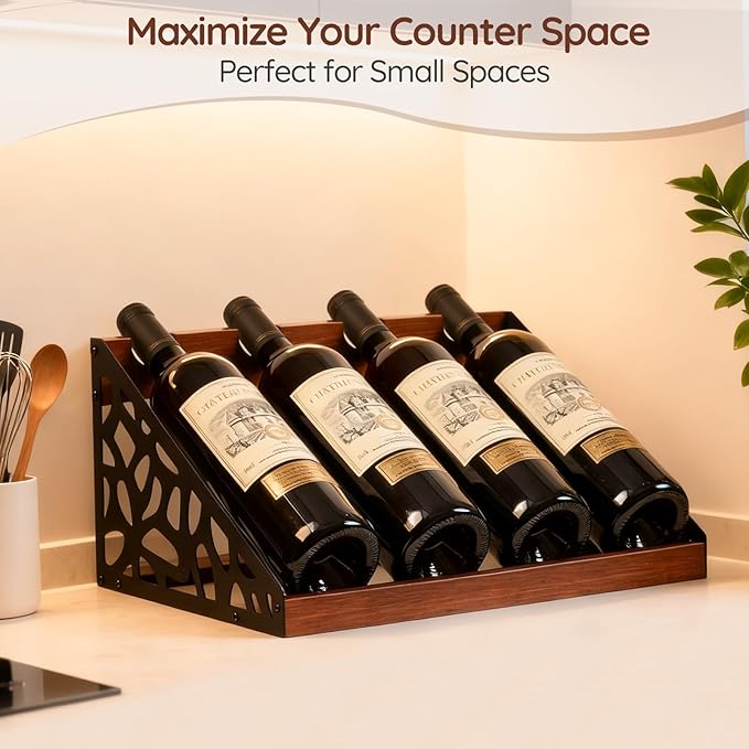 4-Bottle Rustic Countertop Wine Rack, Freestanding Wooden Tabletop Wine Bottle Holder for Cabinet, Pantry, Table, Kitchen