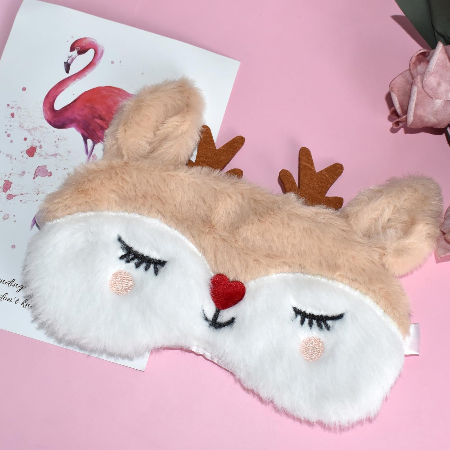 FUNAUPGO Christmas Reindeer Sleeping Mask Eye Mask Cute Animal Rudolph Sleep Mask Soft Plush Blindfold Funny Eye Cover Eyeshade for Kids Adults Girls Boys Women Men (Reindeer, White)