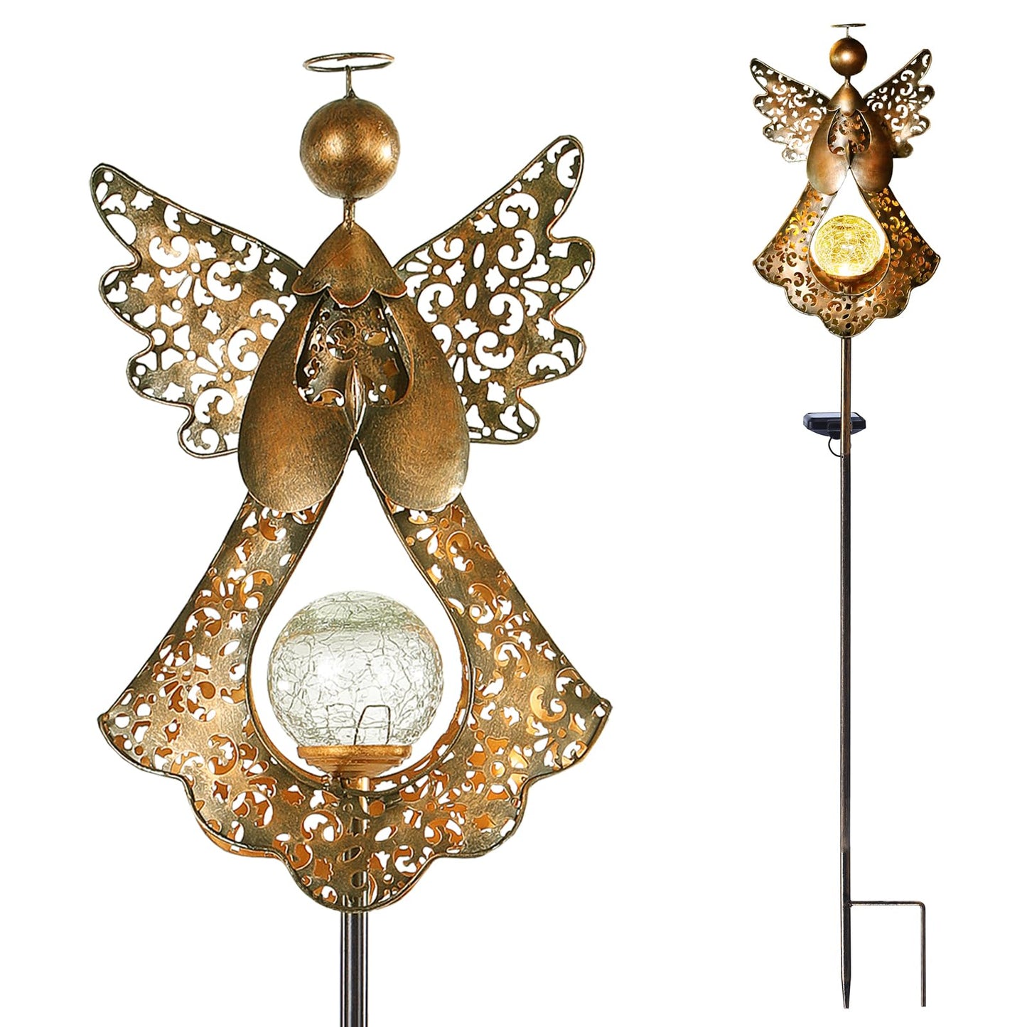 Starryfill Solar Lights Angel Stake with  le Glass Globe, 40.5in Metal Bronze Garden Decor, Warm White LED