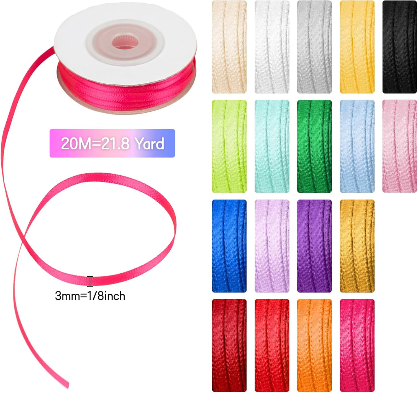 ABSOFINE 18 Colors Double Faced Satin Ribbon Polyester,1/8 inch Solid Fabric Ribbon Roll for Gift Wrapping, DIY Crafts, Wedding Birthday Party Decorations