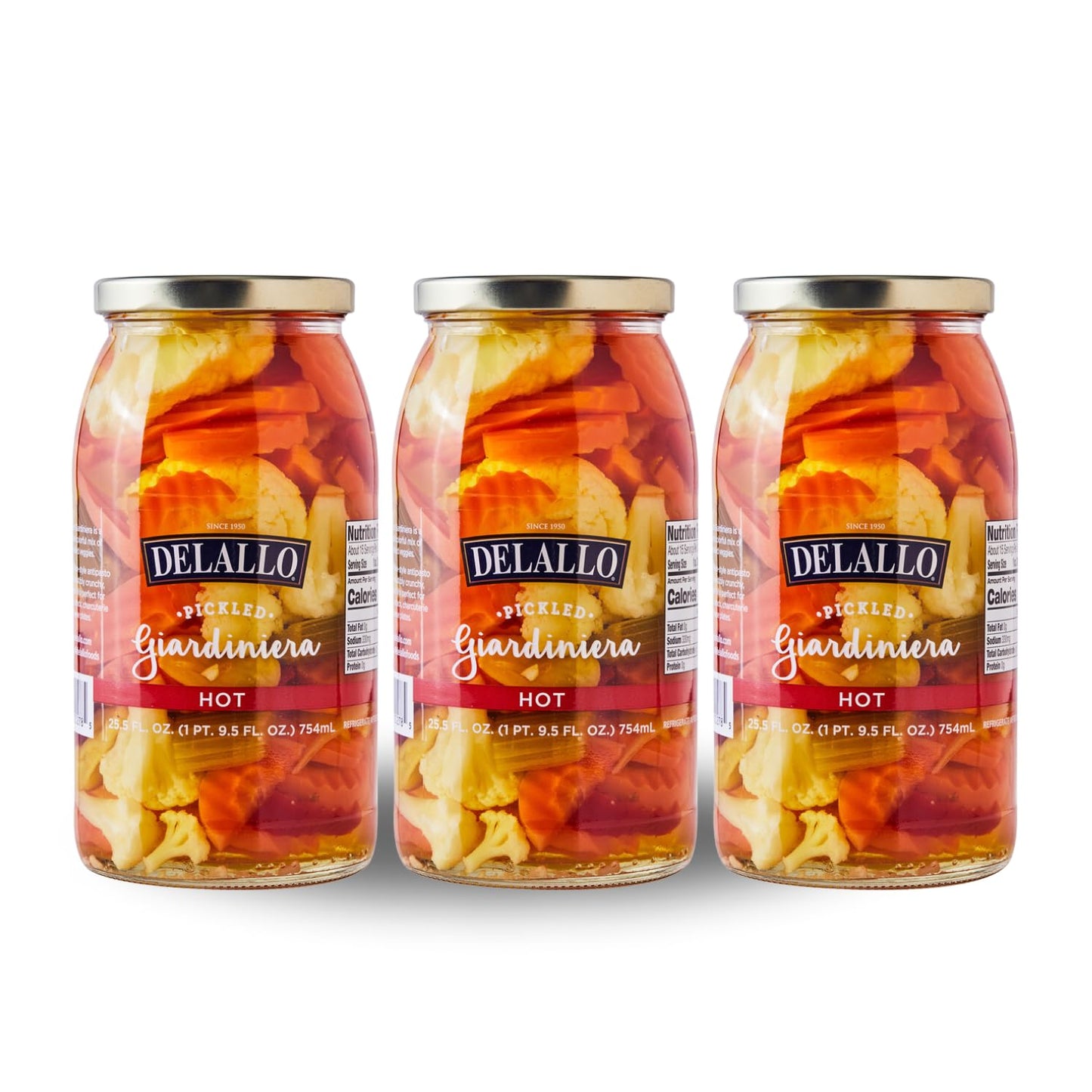DeLallo Hot Giardiniera, 25.5 Ounce Jar, (3 Pack), Spicy Hot Pickled Mixed Vegetable Condiment for Sandwiches and Burgers, 100%