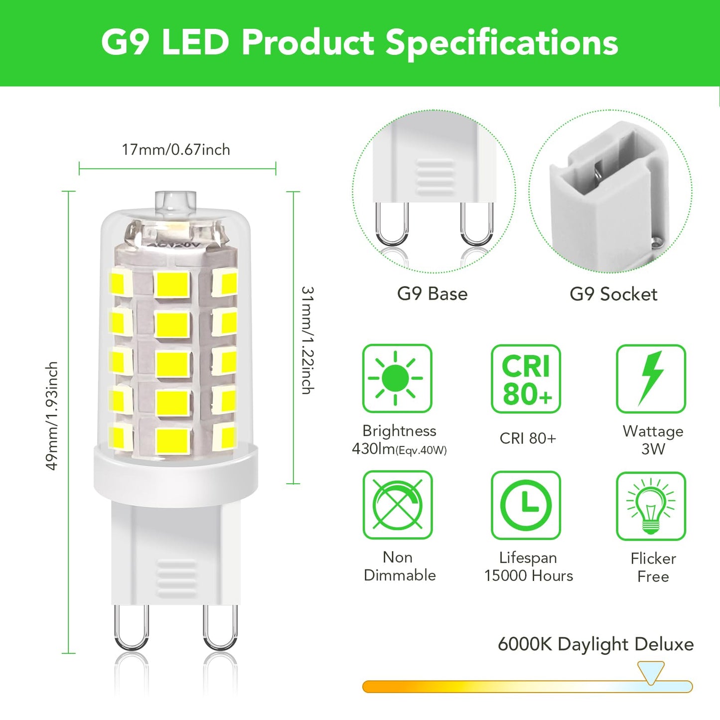 Bubo G9 Led Bulb 6000K Daylight 430 Lumens  3W Equivalent 40W T4 G9 Halogen Replacement  360Beam Angle 120V Non-Dimmable No-Flicker G9 Light Bulbs For Crystal Chandelier Lighting  20 Pack