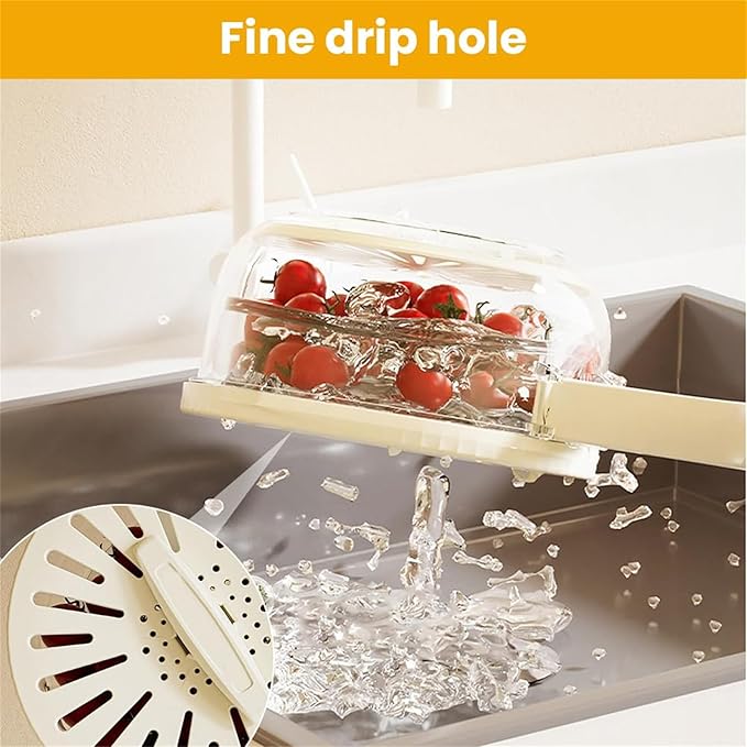 2 in 1 Draining and Preservation Basket, 2 in 1 Drainer and Strainer, Draining and Preservation Basket, Rotating Lid Mechanism, Multifunctional Fruit and Vegetable Washing Bowl (Brown, Large)