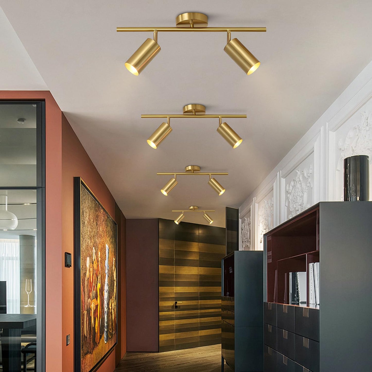 Bokt Mid Century Modern 2-Lights Led Track Lighting Kit, Gold Flush Mount, Adjustable Angle, Brushed Brass, Model Df-B6Yv-C8Ci-2