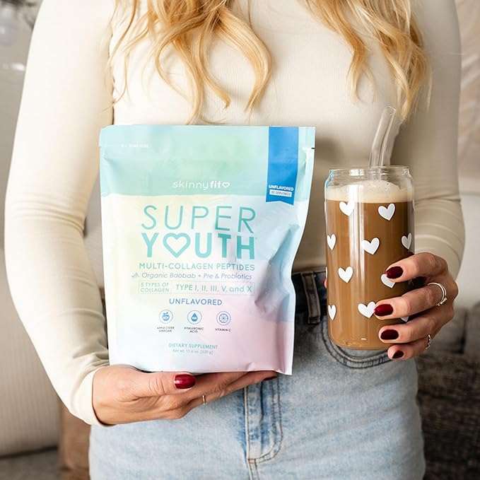 SkinnyFit - Super Youth, Unflavored (28 Servings) - Multi Collagen Peptides Powder - Probiotics, Fiber, Hyaluronic Acid - Collagen for Women - Non GMO, Gluten Free, Sugar Free - Beauty & Self Care