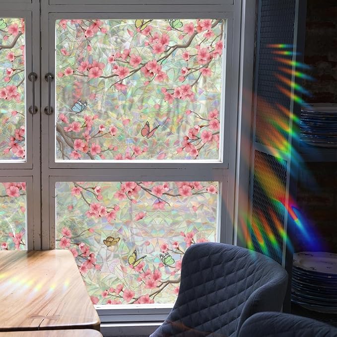Runtoo Window Privacy Film Rainbow Cherry Blossom Flower Window Clings 3D Decorative Vinyl Stained Glass Butterfly Floral Decals Static Sticker Non-Adhesive, 15.75 x 79 inches