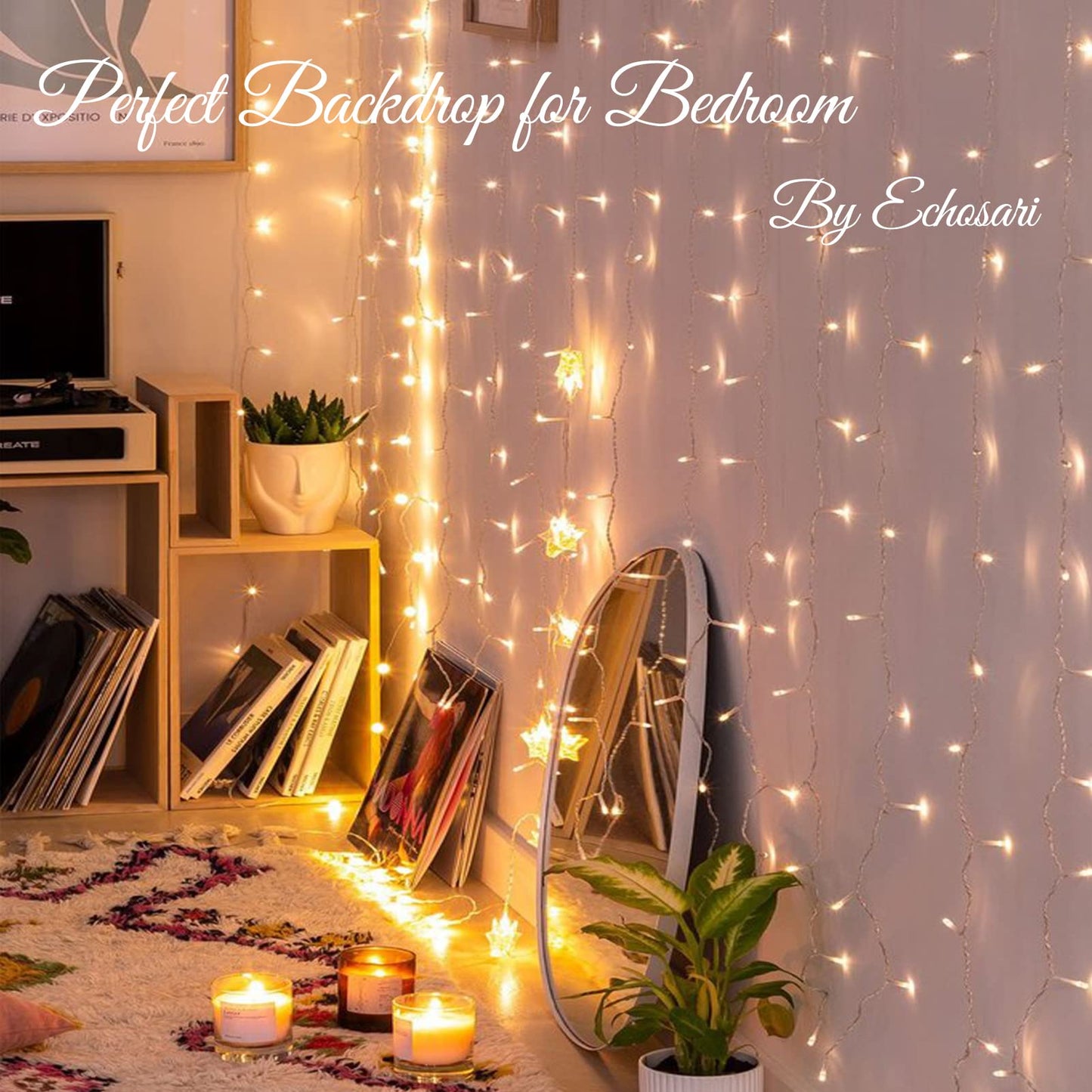 Echosari 300 Led Curtain Lights, 9.8Ft×9.8Ft, Battery Operated, Warm White, Remote Timer For Bedroom, Patio, Wedding Decor