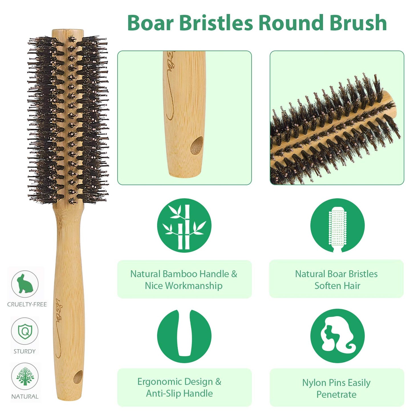 Vista Round Brush Bamboo with Pin Tail Comb Natural Boar Bristle Hair Brush Round for Blow Drying for Women Hairbrush for Wet or