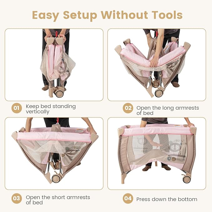 Costzon 3 in 1 Pink Pack and Play with Bassinet, Portable Baby Playard with Changing Table, Music Box, Whirling Toys, Wheels/Brake, Basket, Bag, Foldable Infant Pink Bassinet for Baby Girl Toddlers