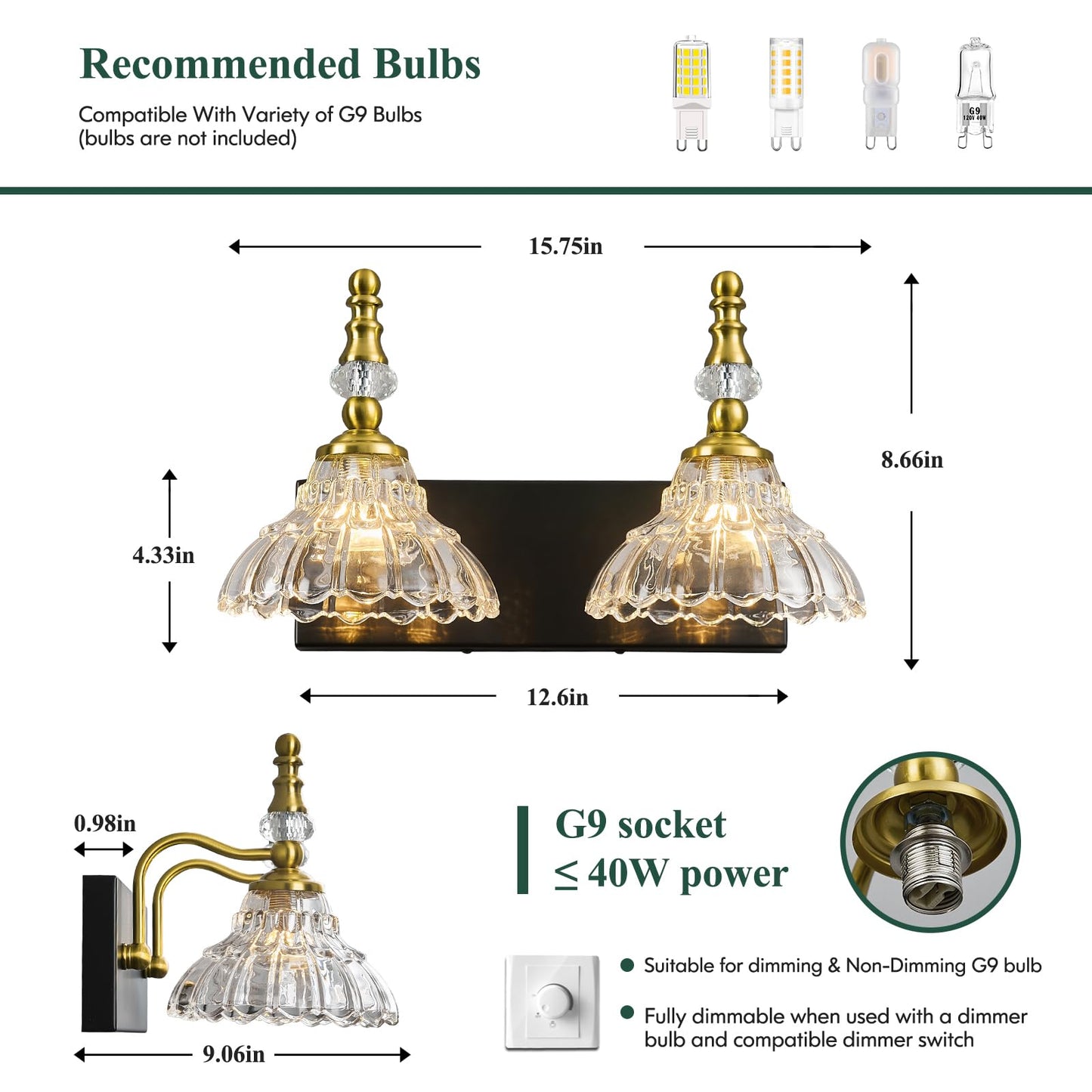 Lbsqj Vintage Bathroom Vanity Light  2-Light Black Gold Vanity Lighting Fixture With Flower Glass Shade  Bathroom Lighting Fixtures Over Mirror