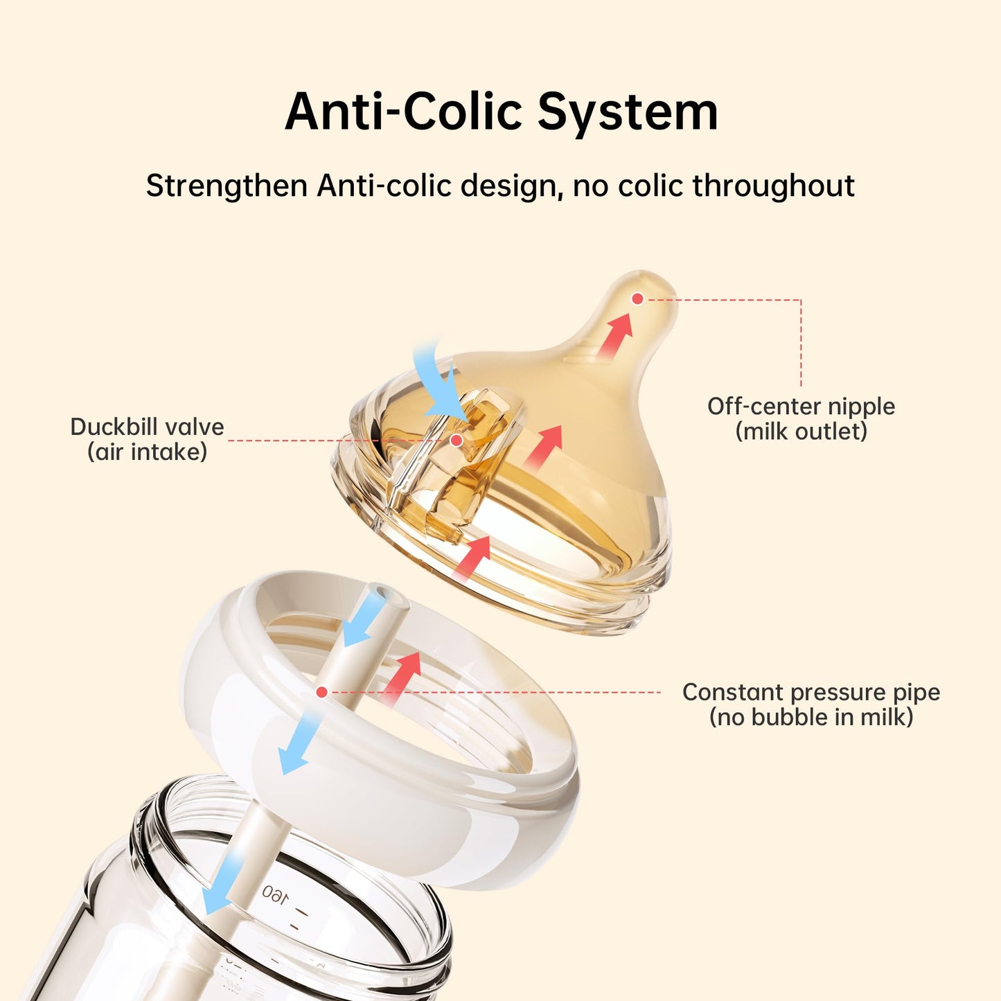 Natural Nursing Glass Baby Bottle - with Anti-Colic Vent System - BPA-Free, 5.4 oz/160ml with Medium Flow Nipple, 0-6 Months, 2 Pack (Includes 4pcs Nipples)