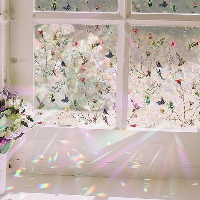 Rainbow Window Privacy Film Stained Glass Handmade Design for Bathroom, Watercolor Flower and Butterfly, 118.11" x 29.52"
