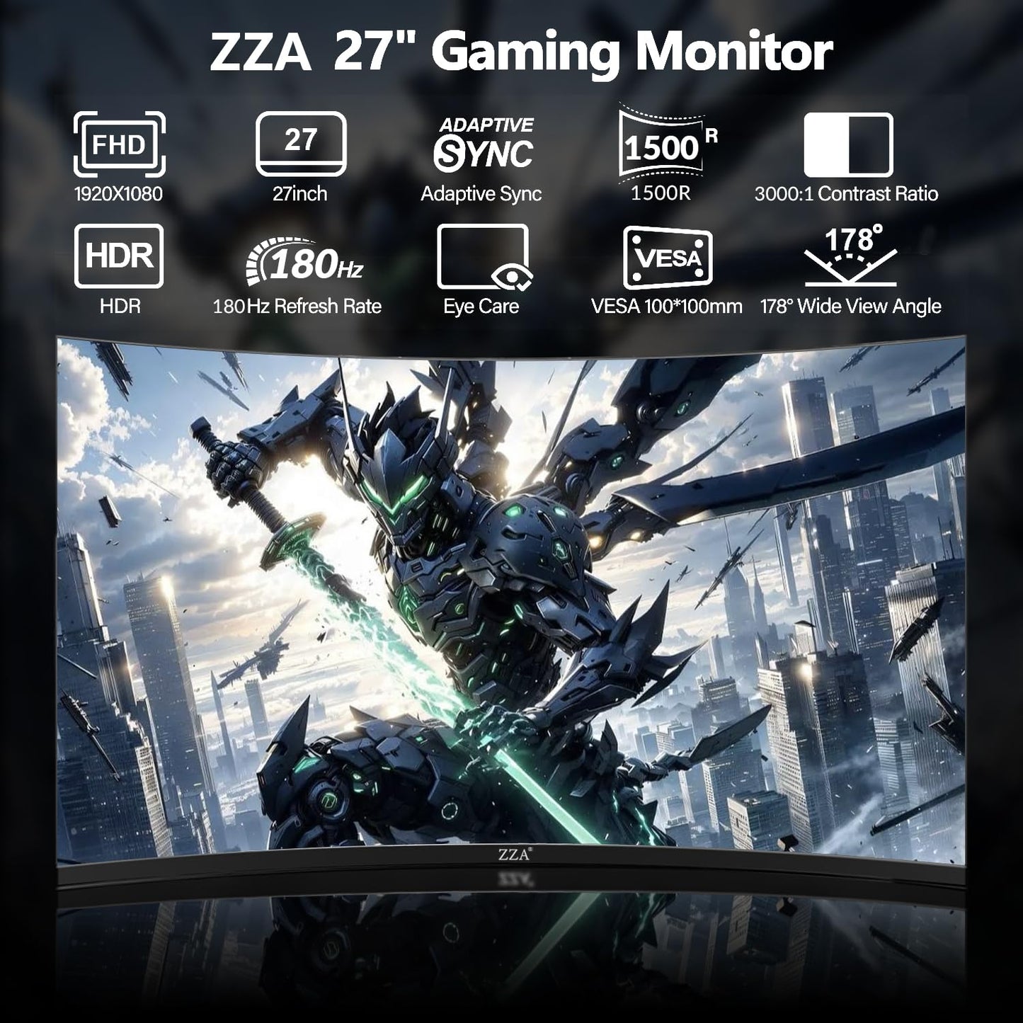 ZZA Gaming Monitor 27 Inch Curved 180Hz| 165Hz|144Hz|1ms| Computer Monitor FHD|1080P| 90% DCI-P3,100% sRGB,PC Monitor FreeSync| HDMI|HDR|Low Blue Light| HDMI|DP Ports| VESA Mount| Metal Stand