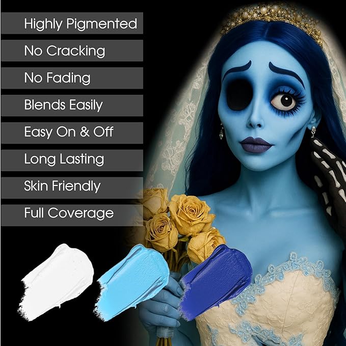 BADCOLOR 3PCS Blue White Light Blue Face Body Paint Stick Makeup for Sally/Corpse Bride SFX Cosplay & Dress Up, Full-Coverage Halloween Facepaint Makeup Kit