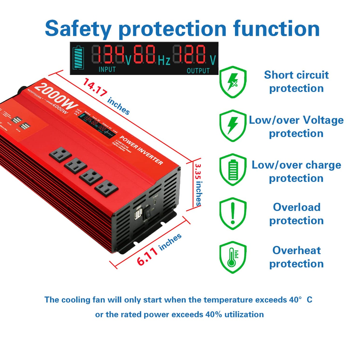Movffggrm 2000W 12V Power Inverters For Vehicles,Peak 4000 Watt, Car/Truck Dc 12V To 110V 4Ac Converter, 6 Usb 2.4A Ports,With 1