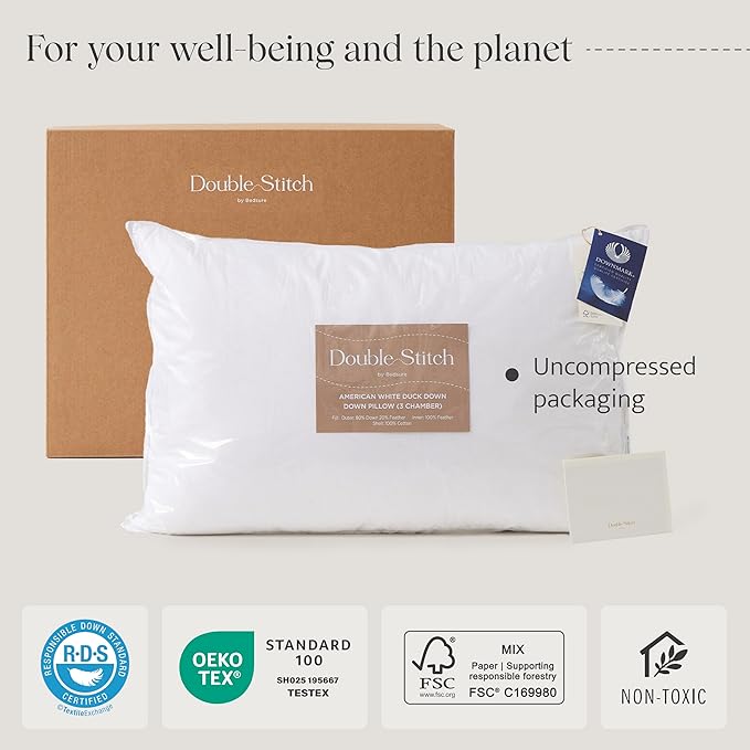 Double Stitch Luxury US White Down Pillow - Made in Canada, 400 Thread Count 100% Cotton Shell, Medium Firm 700 Fill Power Down Bed Pillow, Soft Sleeping Pillow 3-Chamber, Standard(20" x 26") ﻿