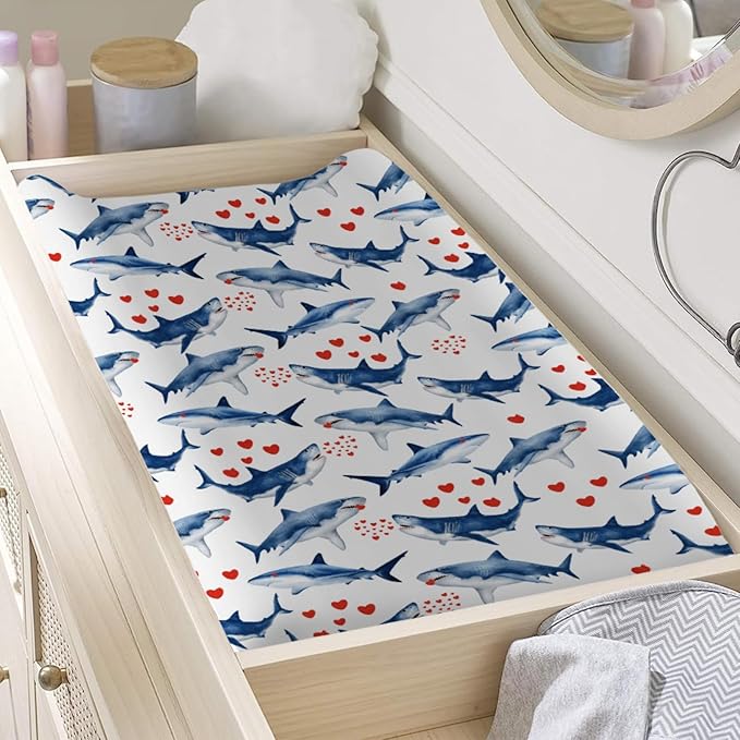 Sea Shark Love Changing Pad Cover Marine Ocean Animal Shark Hearts Baby Nursery Diaper Changing Pad Sheets for Boys Girls Soft Stretch Fitted Changing Table Mat Cover 32''x16''