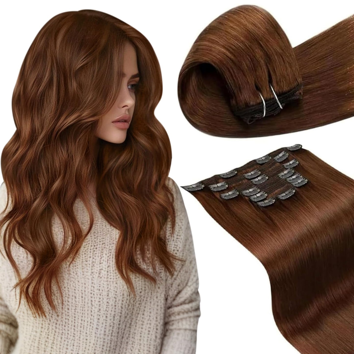 LaaVoo Clip in Hair Extensions Real Human Hair Auburn Brown Clip in Human Hair Extensions 16 Inch Auburn Human Hair Clip in Exte