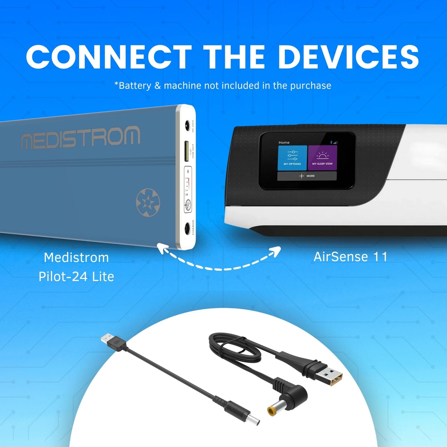 Medistrom Pilot-24 Lite Cable Kit Compatible with AirSense 11 CPAP Machine – CPAP Power Cord, Replacement Cord for CPAP Machines, Adapter, CPAP Accessories