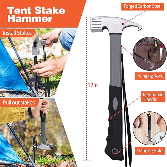 16pcs Tent Stakes and Hammer Set, 12in Heavy Duty Forged Steel Tent Stakes + Camping Hammer + Storage Pouch, Available in Rocky Place (16pcs 12in Stake+Hammer)