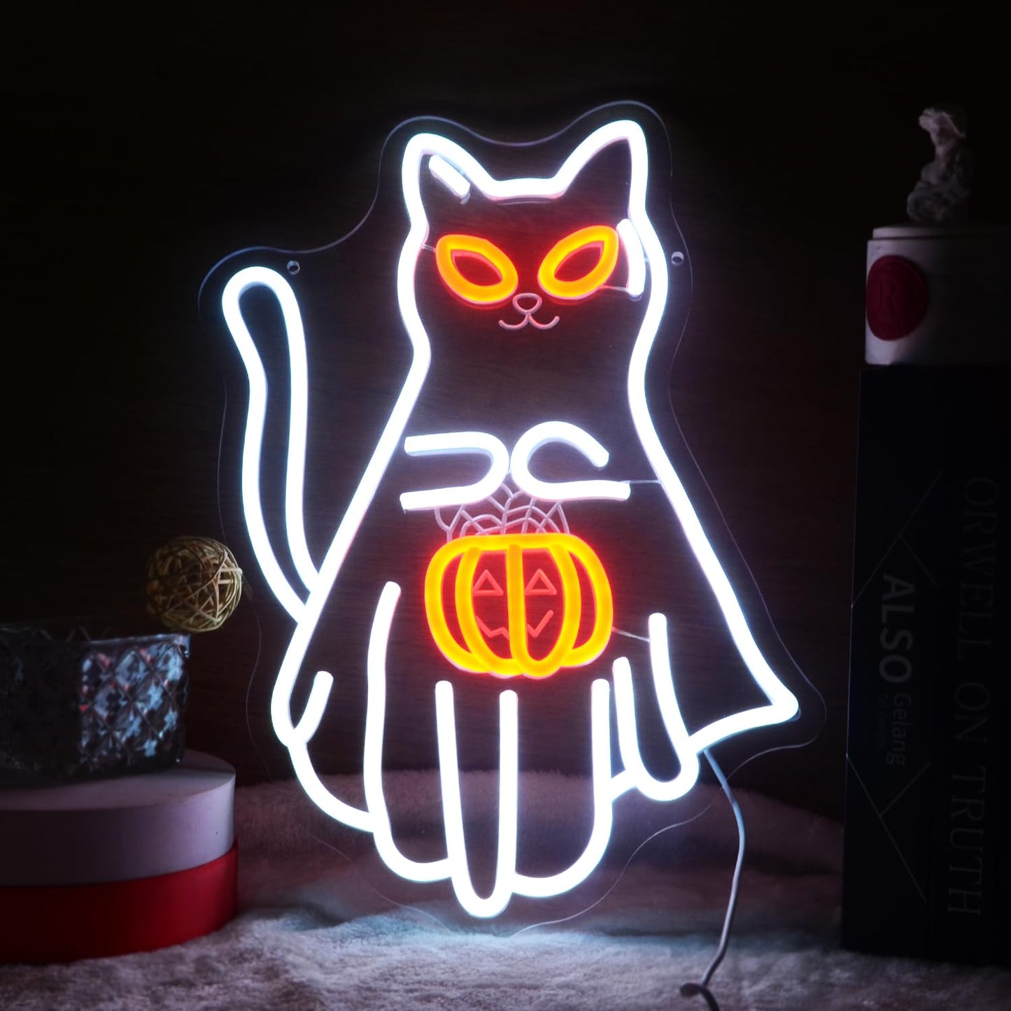 Wutrnjd Neon Light Sign - Cat Holding Jack-o-lantern, Acrylic, Halloween Decor, Trick-or-Treat, White Cat with Pumpkin