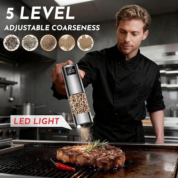 Upgraded Larger Capacity Electric Salt and Pepper Grinder Set Rechargeable with Digital Display, Light & Ceramic Core, Adjustable Coarseness, Stainless Steel Material 2 PACK
