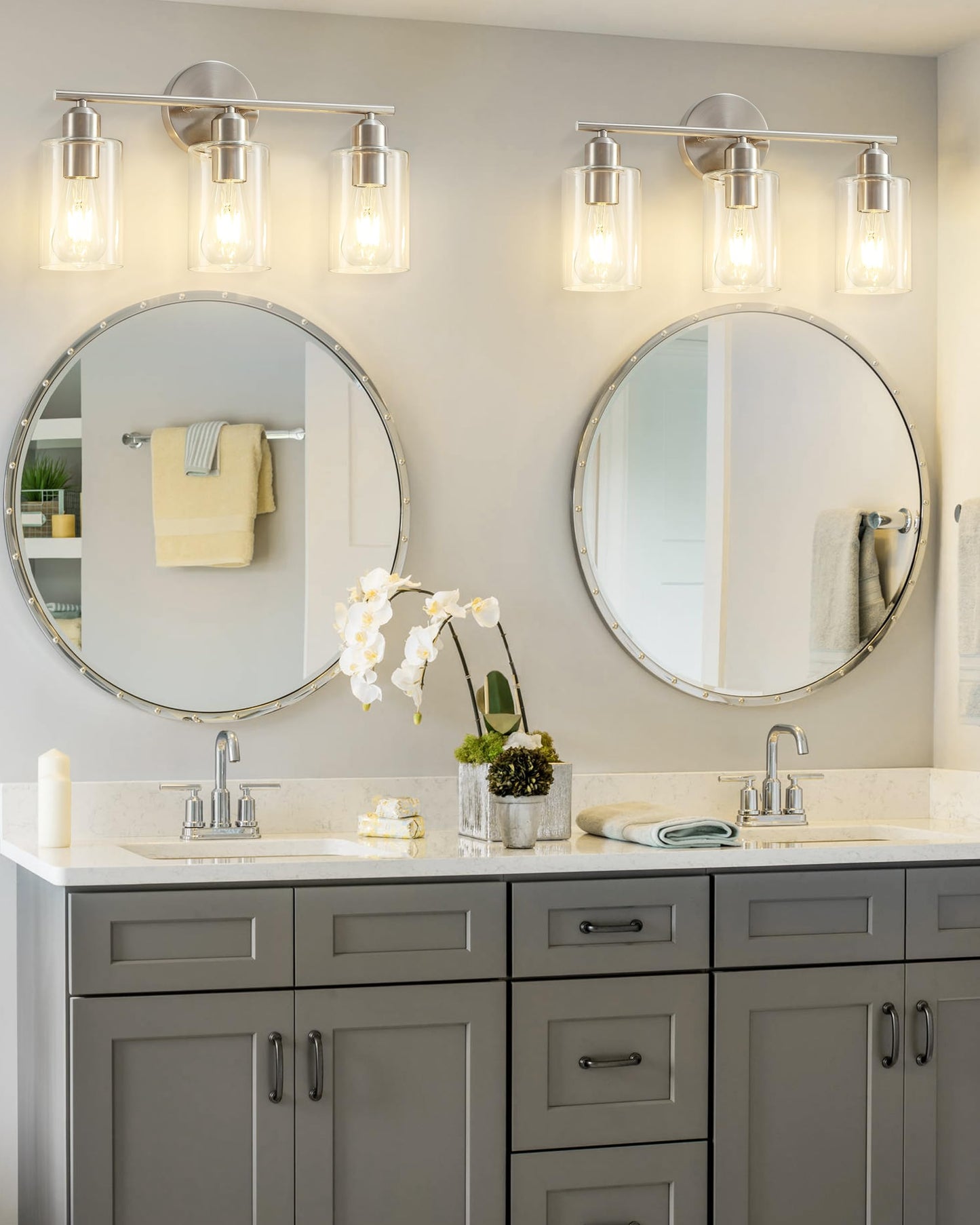 Brushed Nickel Vanity Lights - 3-Light Modern Bathroom Lighting Fixtures with Clear Glass Shade - Wall Sconce for Hallway - 2Pack