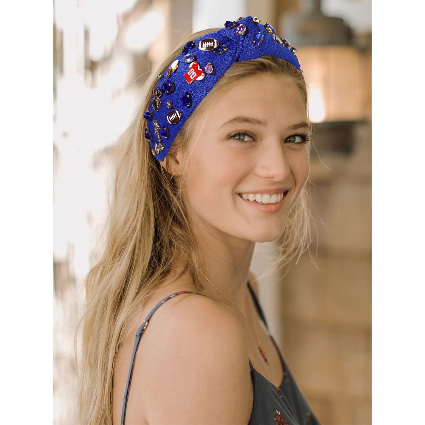 mokkia Football Headband for Women Football Mom Accessories Crystal Rhinestone Jeweled Wide Top Knot Headband Game Day Sports Ha