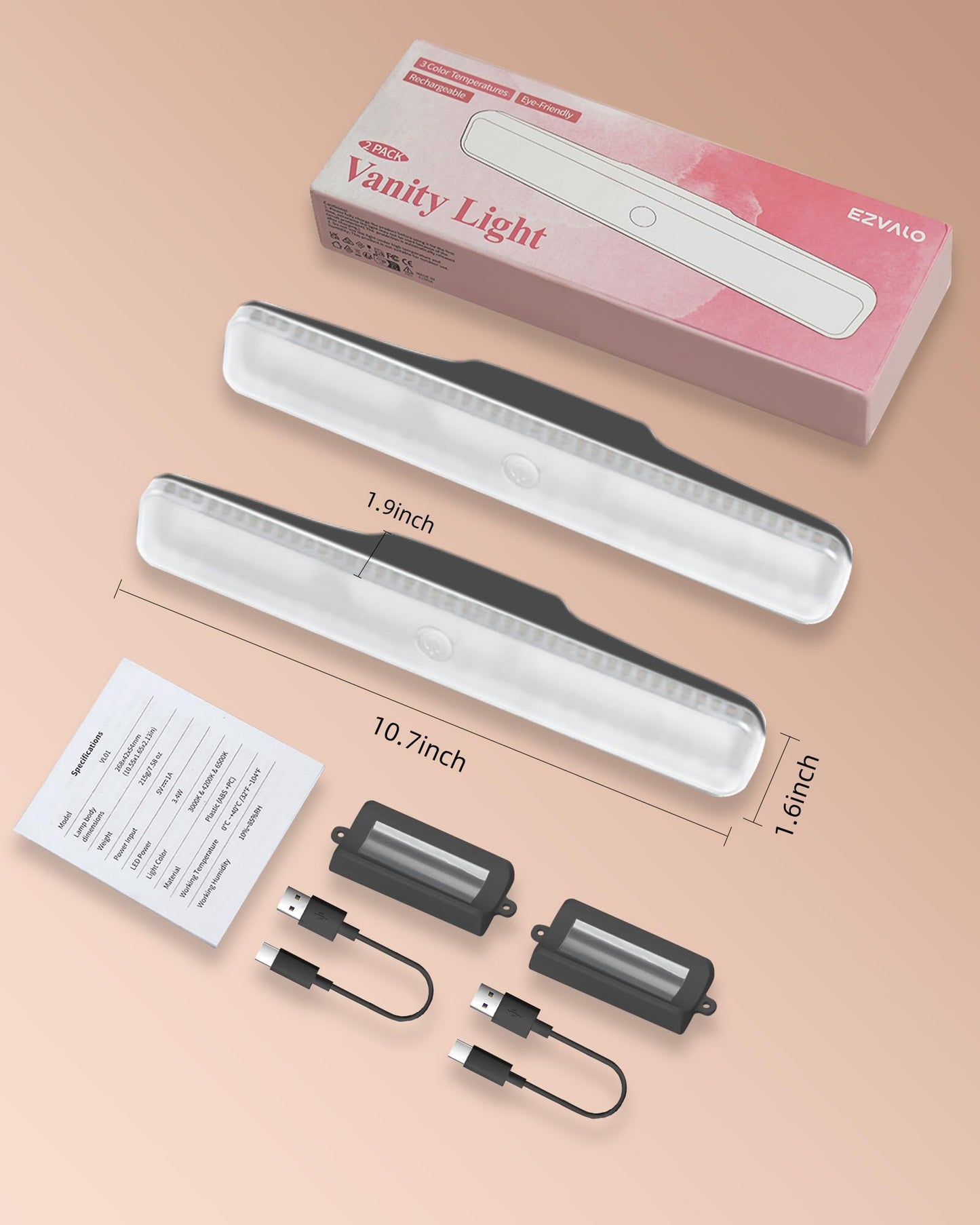 EZVALO Wireless Makeup Light 2 Pack, Vanity Lights for Mirror,Bathroom Mirror Light, Rechargeable, 3 Color Temperatures, Stepless Dimming, Touch Control, Adjustable Angle, Black, Women's Gifts