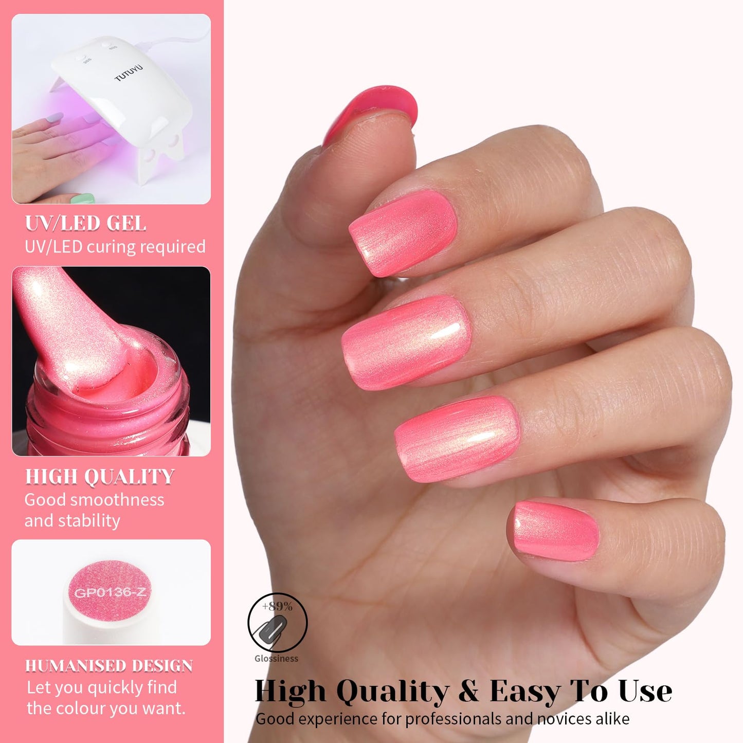 TUTUYU Coral Pink Pearl Gel Nail Polish for Manicure Salon or DIY Nail Art At Home - 12ml UV/LED Soak off