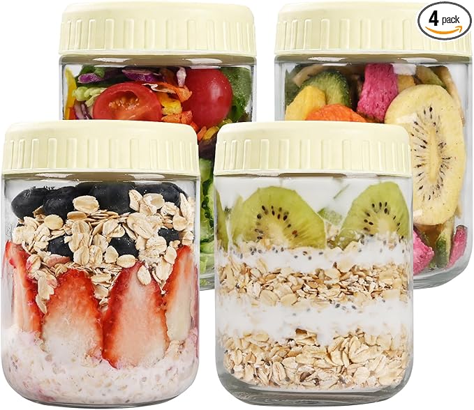 Overnight Oats Containers with Lids, 16oz Glass Jars with Lids 4 pcs, Milk White, Wide Mouth Mason jars for Salad, Yogurt, Snacks, Meal Prep