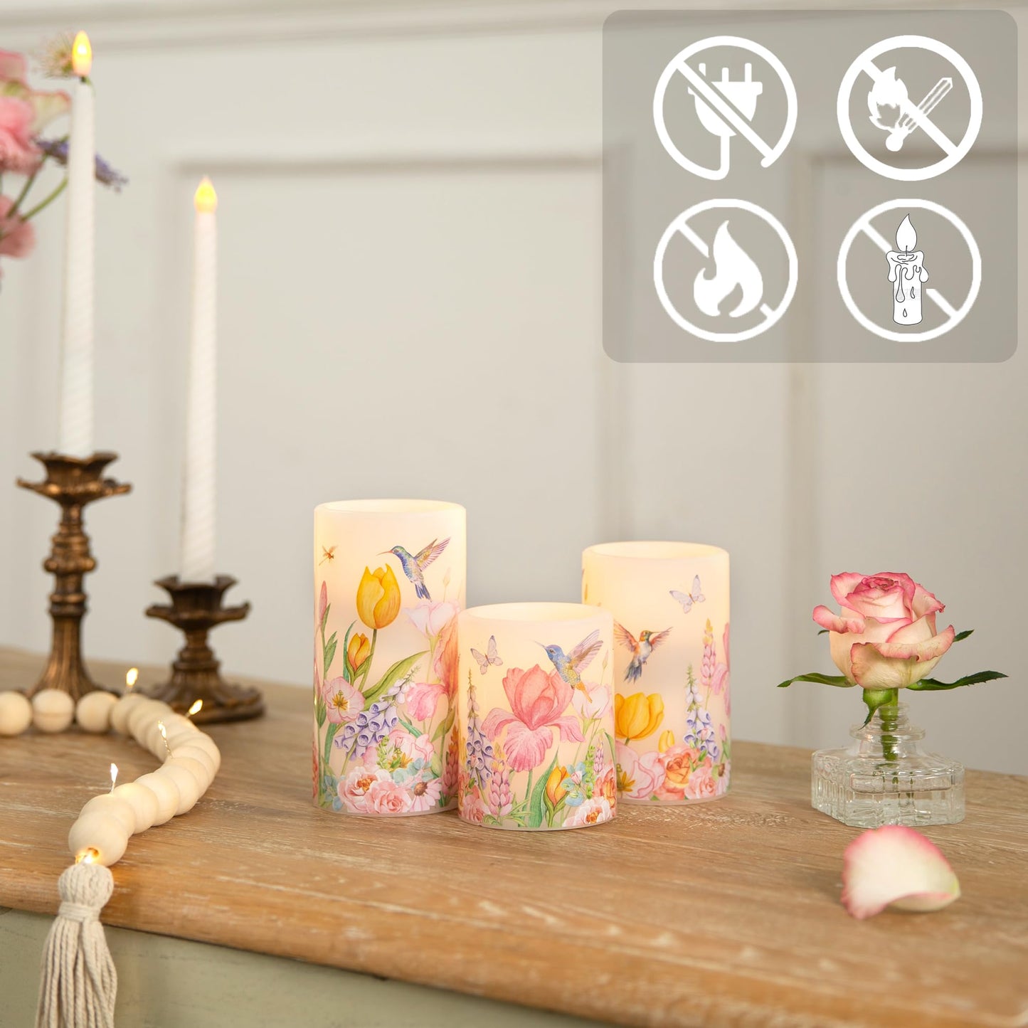 LUSHARBOR Flameless Candles with Remote, Battery Operated Candles Real Wax Hummingbird Flickering LED Candles Floral Christmas Decor Electric Pillar Candles Set of 3