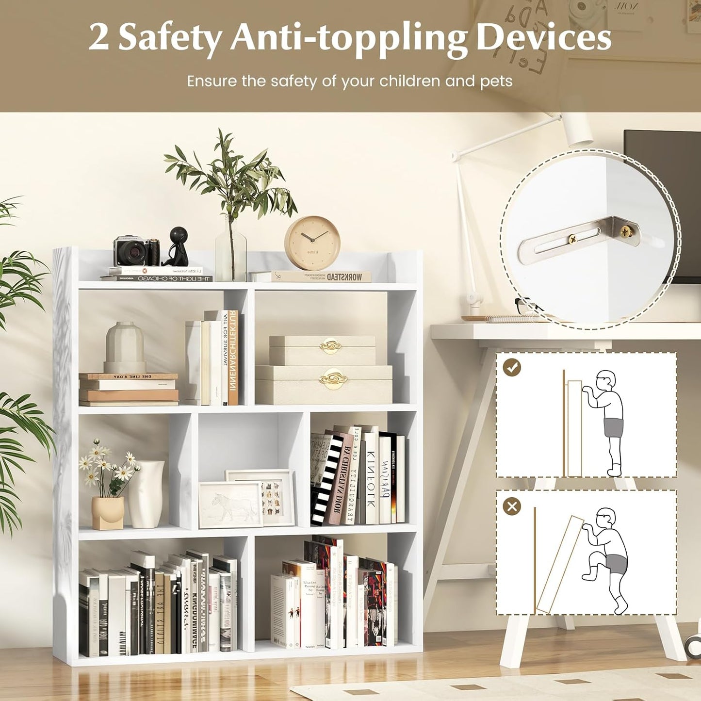 Giantex 7 Cube Bookshelf of 2, Free-Standing Wooden Bookcase, 4 Tier Home Display Shelf, Horizontal Storage Unit w/Anti-Toppling Devices, Open-Back Display Rack for Study, Living Room, White