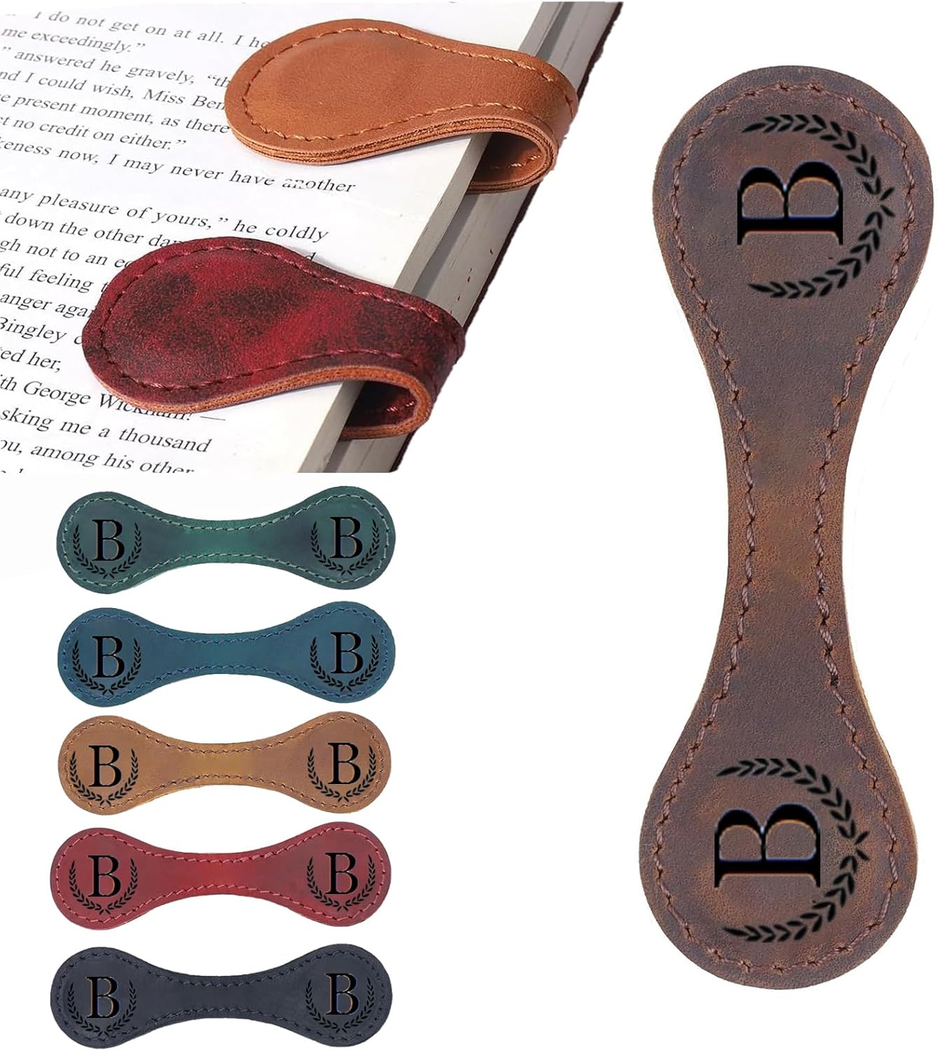 Personalized Magnetic Leather Bookmark, 26 Letters Custom Leather Bookmarks, Handmade, Leather Magnetic Bookmark for Book Lovers Readers Women Kid(Brown，B）