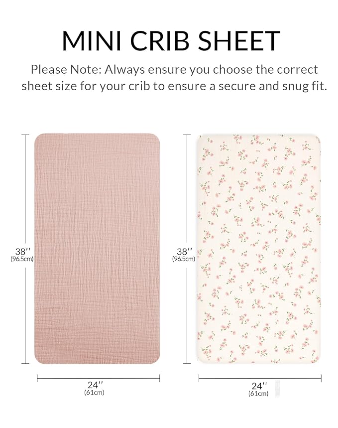 Mini Crib Sheets for Baby Boy Girl 2 Pack, Neutral Mini Crib Mattress Sheet 24" x 38", Muslin Nursery Bedding Soft and Breathable Comfort (Rosy)