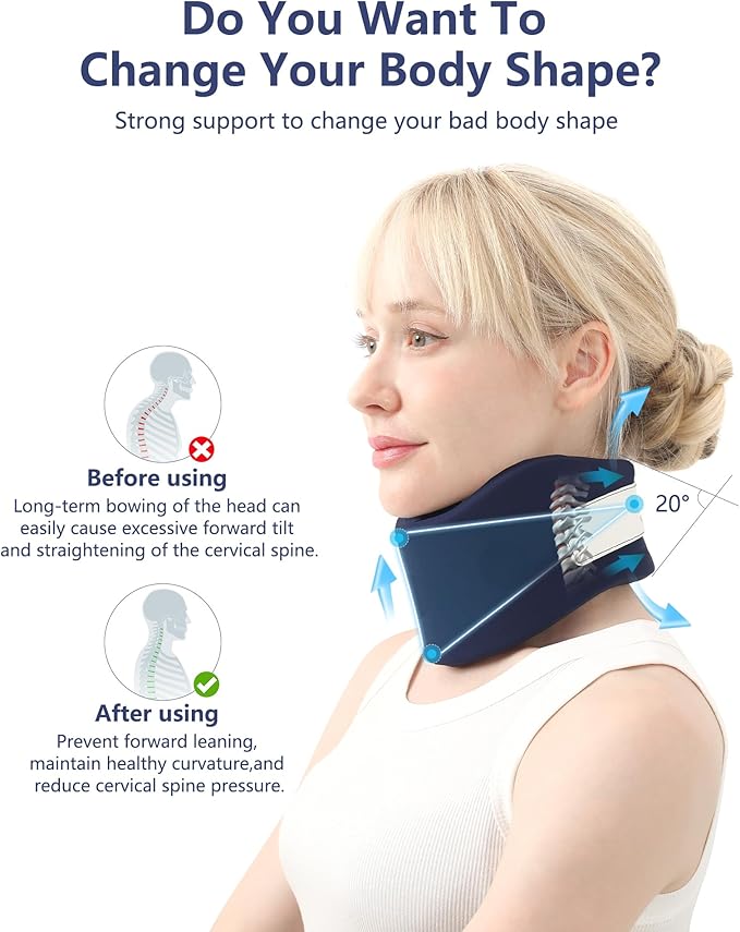 Neck Brace for Pain Relief - Washable Cervical Collar for Neck Pain and Support, Soft Cervicorrect, Suitable for Traveling, Working, Sleeping and Using Phone (Dark Blue, 2.76 inch Height)