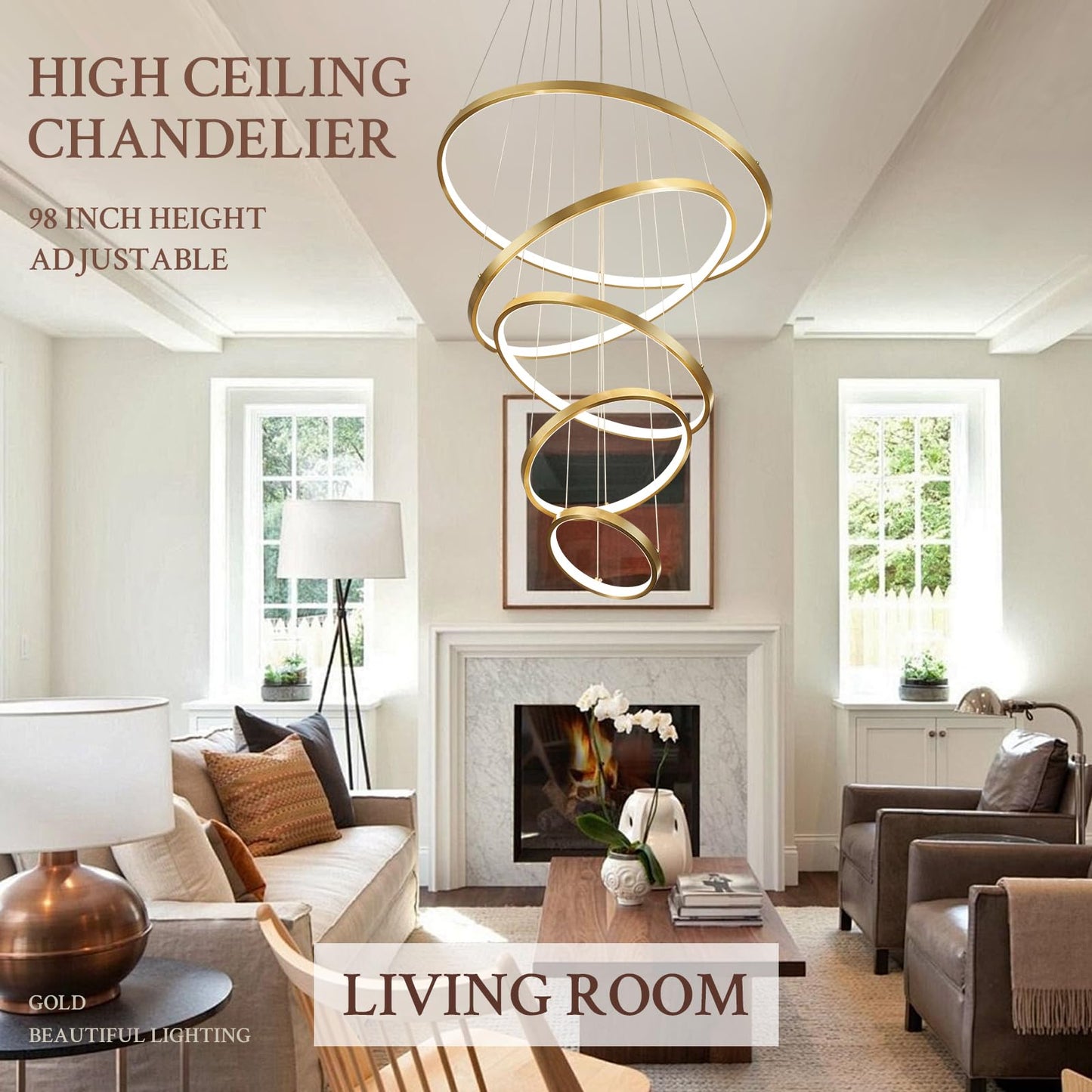 Sparklelf LED Chandelier, 5 Rings, Dimmable, Gold, 23.6 inch, Model P16-5GDC1, Contemporary Pendant Lighting for Living Room and Foyer