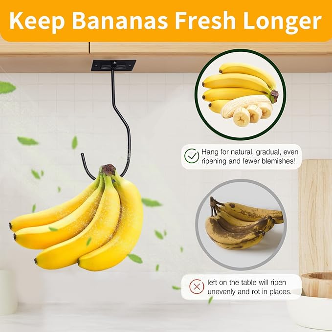 Self-Adhesive Banana Hook, Grape Hook, Kitchen Banana Hanger, Keep Bananas Fresh Under The Cabinet, with Magnetic Absorption Storage Perfect Design 3 Pieces Black