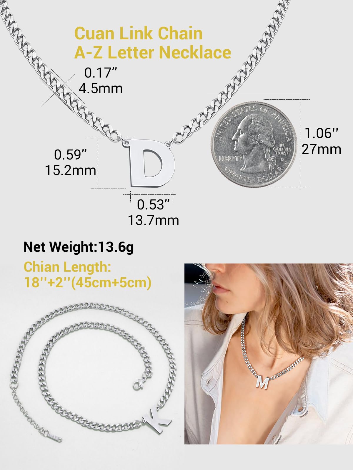 PIYIZ Men's Initial Necklace Stainless Steel Cuban Link Chain Hip Hop Fashion A-Z Name Letter Pendant 18 Necklaces for Men Women