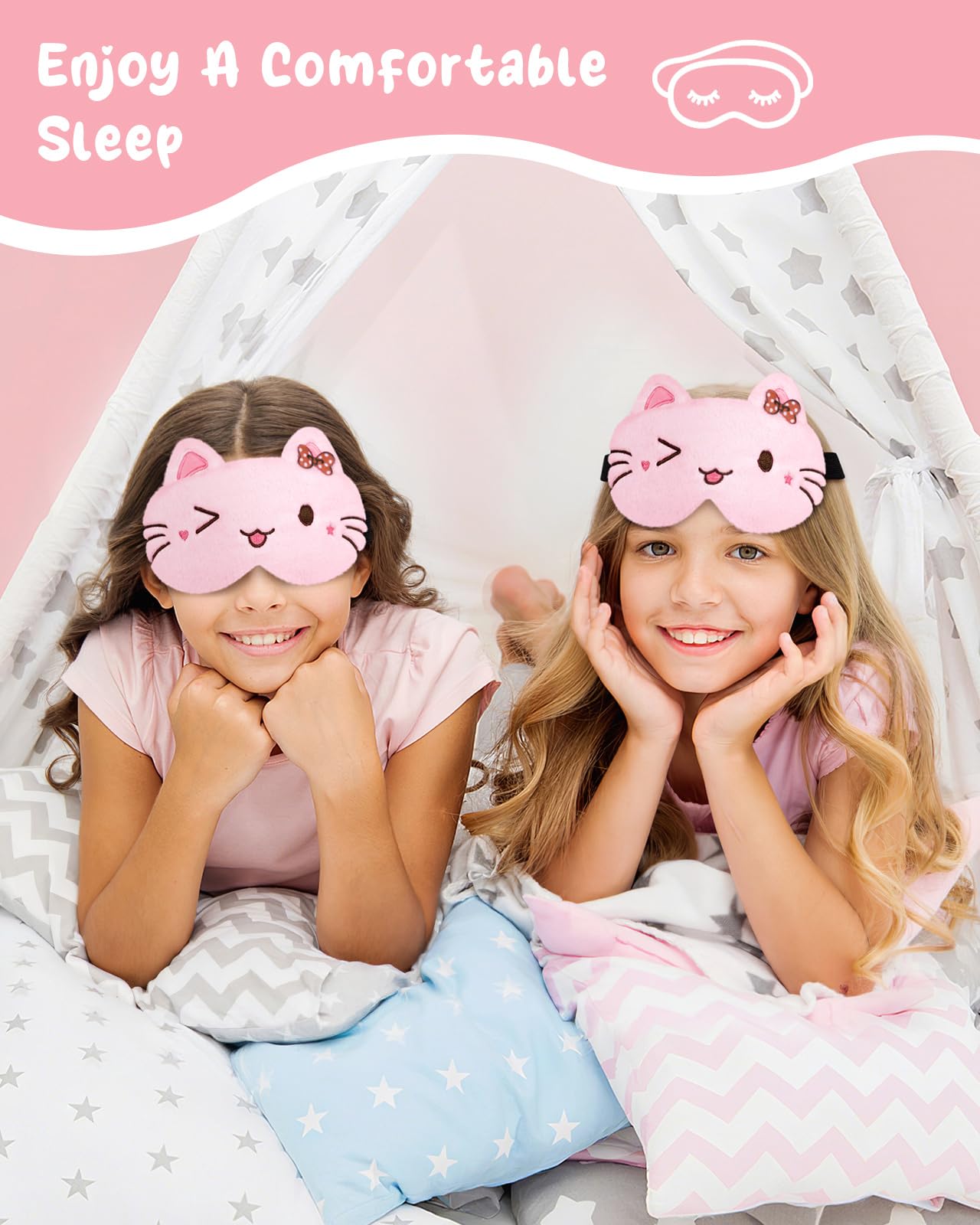 Miss Adola Sleep Mask for Kids - Cute Cartoon Plush Fuffy Sleeping Eye Cover Cat Kawaii Soft Eyeshade with Adjustable Strap Animal Eye Blindfold for Kids Girls Boys Teens