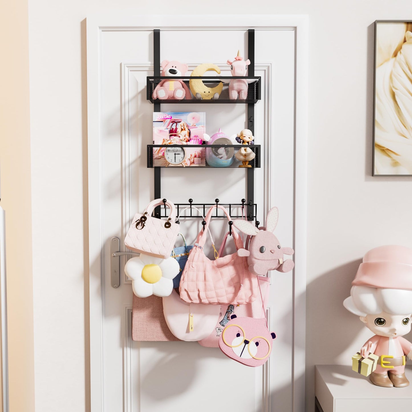 HapiRm Over The Door Hanger with Coat Hooks and 2 Baskets, Rustproof & Waterproof Over The Door Hooks, Storage Organizer for Hats, Bathroom, Kitchen, Bedroom-Black (for 1.76in Doors)
